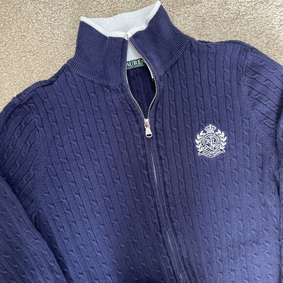 Lauren Ralph Cableknit Sweater Jacket Womens Medium Crest Navy Blue Old Money - Picture 1 of 7